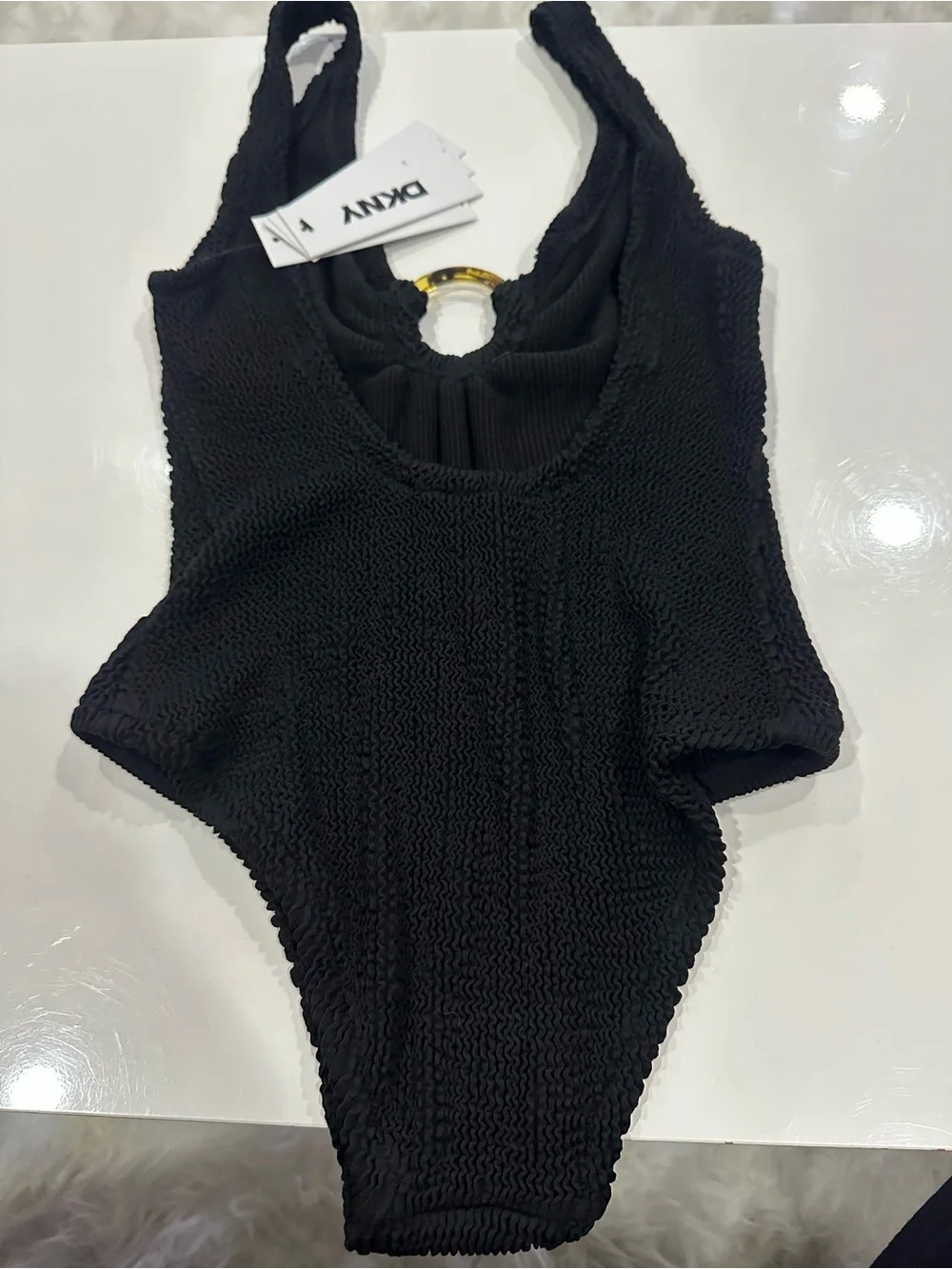 Dkny Black Textured One-Piece Swimsuit with Ring Detail
